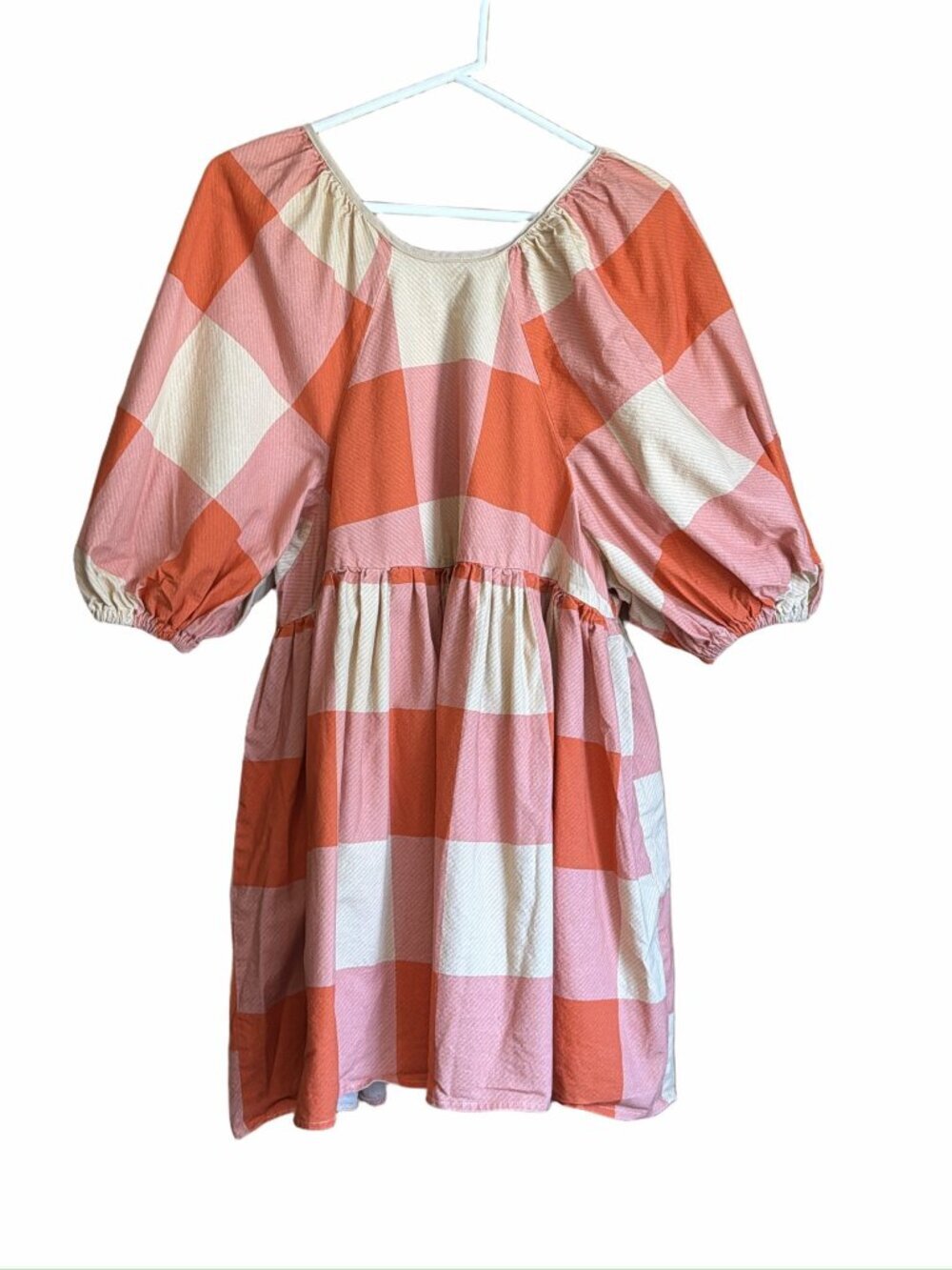 Grey Milk Pink Coral Gingham Puff Sleeve Babydoll Dress Size L